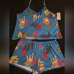 JoyLab Teal Leopard Print Pajama Set